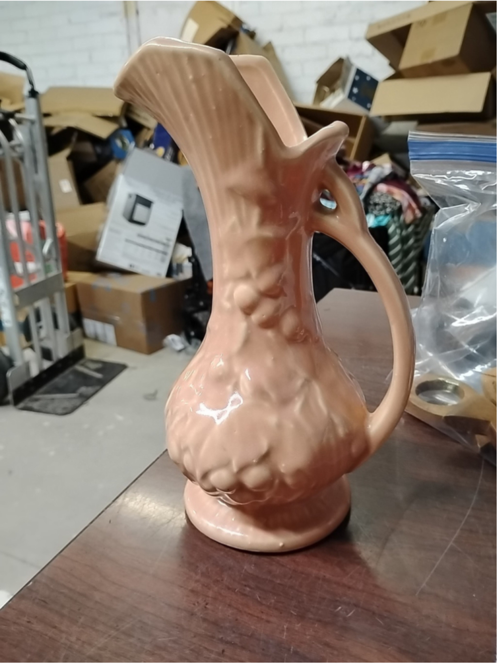 Vintage McCoy Ohio‎ Pottery Pitcher Ewer Pink Glaze Handle Grapes Leaves